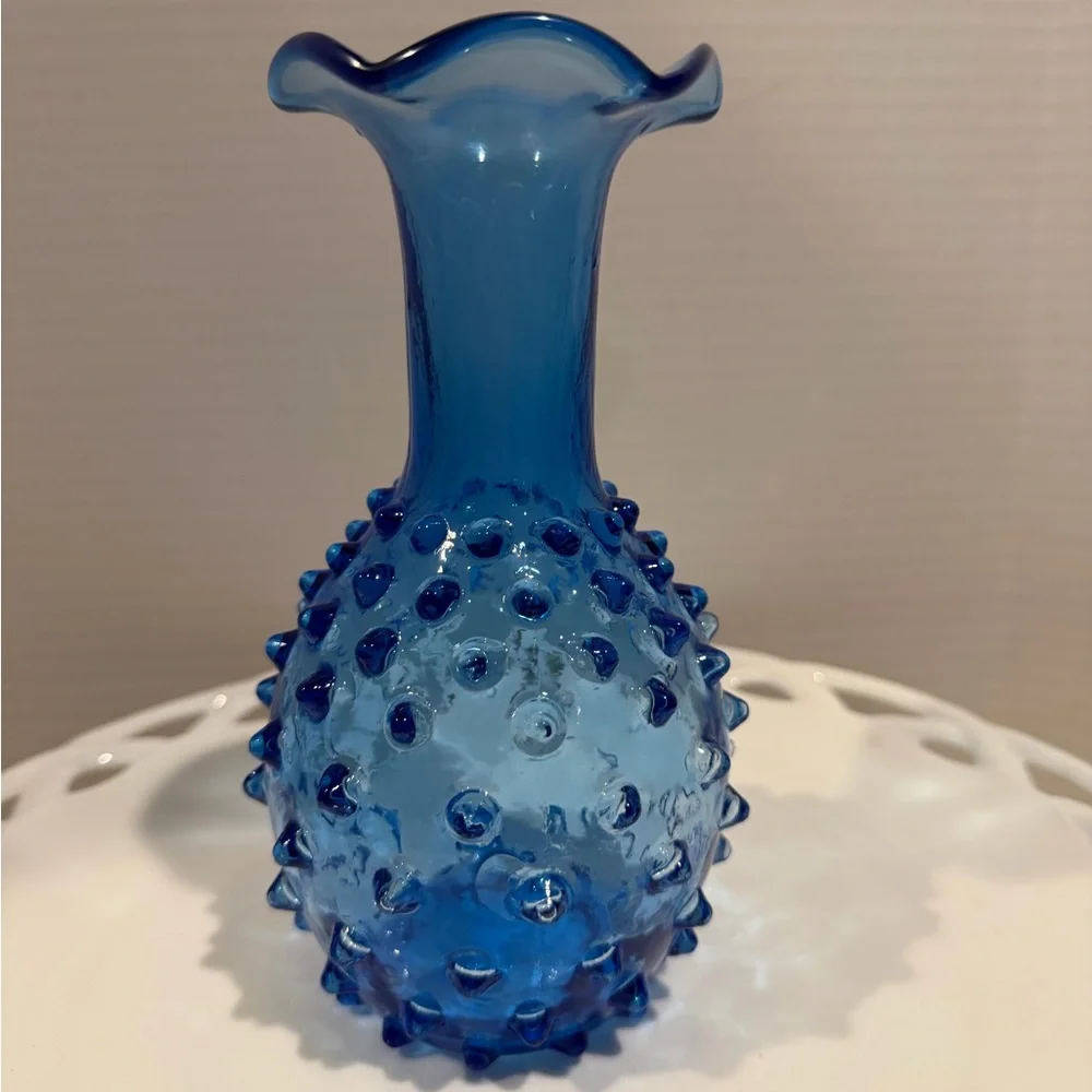 Blue Hobnail Glass Vase Italian Empoli vintage MCM 7”